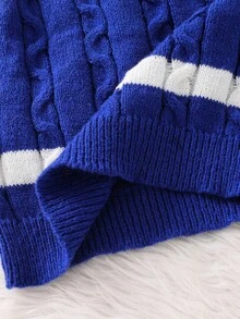 1 件年轻男孩休闲舒适时尚简约实用百搭扭纹拼色圆领毛衣，适合男孩毛衣、毛衣、学校、返校、男孩、日常穿着，适合秋冬季 - 藍色 - 查看 6