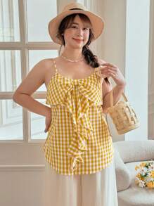 SHEIN LUNE Plus Size Women Yellow & White Plaid Ruffle Strap Back Cami Top Fall Country Concert Vintage Teacher Butter Yellow Top, 90s Back To School Homecoming Cute Streetwear Going Out