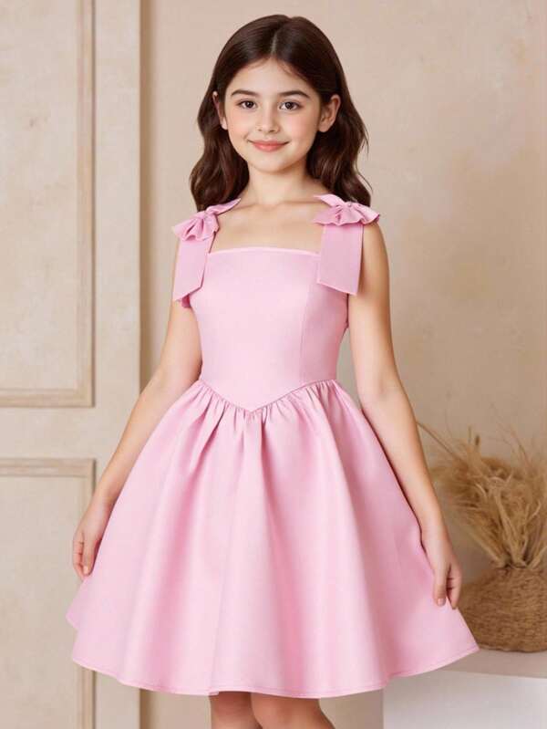Vestido de fiesta de satén elegante con detalle de lazo y tirantes de espagueti para niña preadolescente, color rosa