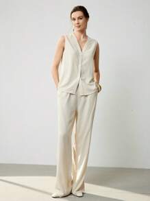 Uhlyne Bộ 2 món đồ thiết kế thanh lịch, đơn giản, màu trơn, thoải mái, phong cách đi làm cho nữ - Màu be - Xem 7