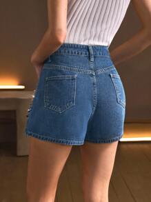 SHEIN Frenchy Women's Fashion Rhinestone & Rivet Decorated Denim Shorts, Summer - Blue - View 2