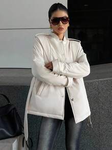 DAZY 女士白色精致优雅束腰中长款厚棉袄，成熟淑女风冬季外套 - 白色 - 查看 3