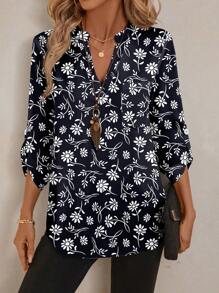 EMERY ROSE Women's V-Neck Solid Color Textured Fabric Casual Autumn Shirt White V-Neck Shirt Women's Shirt Women's Linen Shirt Women's White Shirt Women's Tops Autumn Women's Business Casual Women's Button-Down Shirt Women's Button-Down Shirt Chic Blouses For Women - Multicolor - View 3