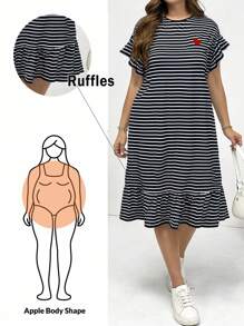 SHEIN Essnce Váy dài ngang gối thêu hình trái tim xếp nếp kẻ sọc đen trắng thời trang xuân hè cho nữ cỡ lớn, thoải mái hàng ngày, đa năng, mặc hàng ngày, trang phục đi du ngoạn cho nữ, váy đi nhà thờ cho nữ, trang phục sân bay, phong cách đơn giản - màu đen - Xem 1