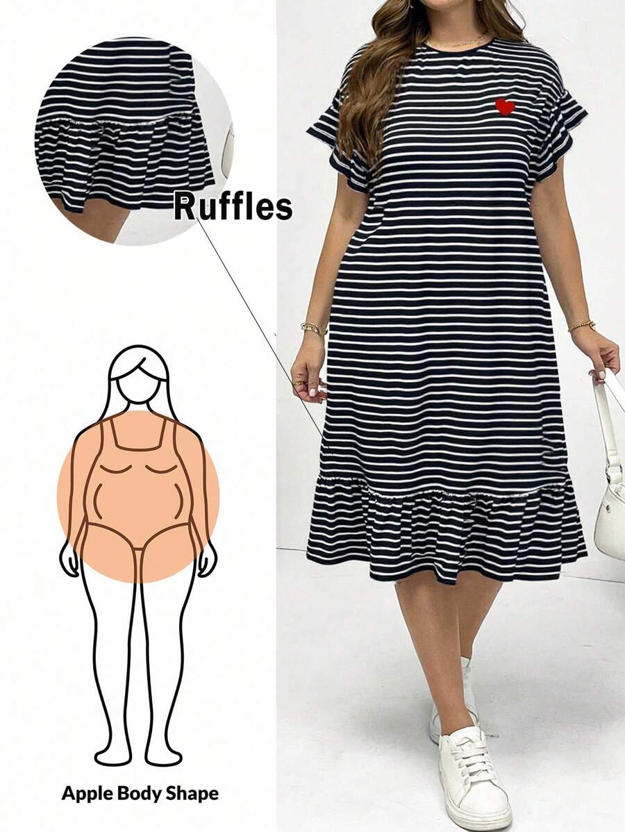 SHEIN Essnce Váy dài ngang gối thêu hình trái tim xếp nếp kẻ sọc đen trắng thời trang xuân hè cho nữ cỡ lớn, thoải mái hàng ngày, đa năng, mặc hàng ngày, trang phục đi du ngoạn cho nữ, váy đi nhà thờ cho nữ, trang phục sân bay, phong cách đơn giản - màu đen - Xem 1