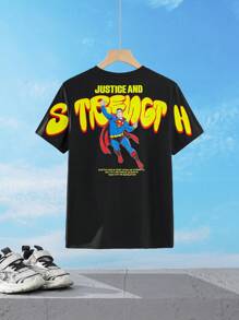 SUPERMAN X SHEIN Tween Boy Cool Back Superhero English Letter Print Black Slim Fit Spring/Summer Short Sleeve T-Shirt