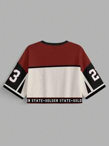 Slaydiva 女士休闲 V 领宽松短款 5 袖网眼 T 恤，印有数字 23，适合运动夏季 - 彩色 - 查看 2