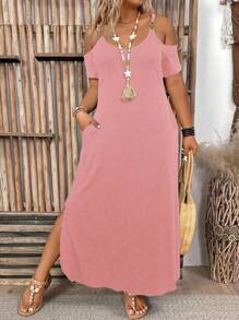 EMERY ROSE Plus Size Off-Shoulder Short Sleeve Slit Side Pockets Maxi Dress, Casual Summer Dress, Black Dress, Summer Women Outfit, Maxi Dress - Pink - View 3