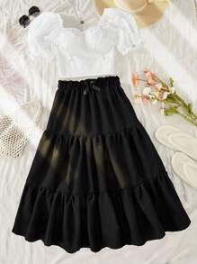 2 件套青少年女孩可变式露肩泡泡袖上衣和蝴蝶纹理长裙套装，适合外出和度假 - 白色 - 查看 3