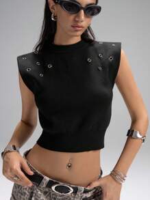 LYSMO Decorazione in metallo nero minimalista, spalle larghe, colletto alto piccolo, stile old money, abbigliamento da ufficio per donna, comodo e casual, versatile per pendolarismo e campus - nero - Visualizzare 6