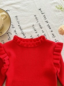 SHEIN LMoss Kids LMoss 女婴秋冬可爱纯色简约荷叶边长袖毛衣 女婴长袖上衣 女婴长袖衬衫 红色女婴上衣 荷叶边衬衫 女婴红色衬衫 红色上衣 女婴红色上衣 秋季 - 紅色 - 查看 4