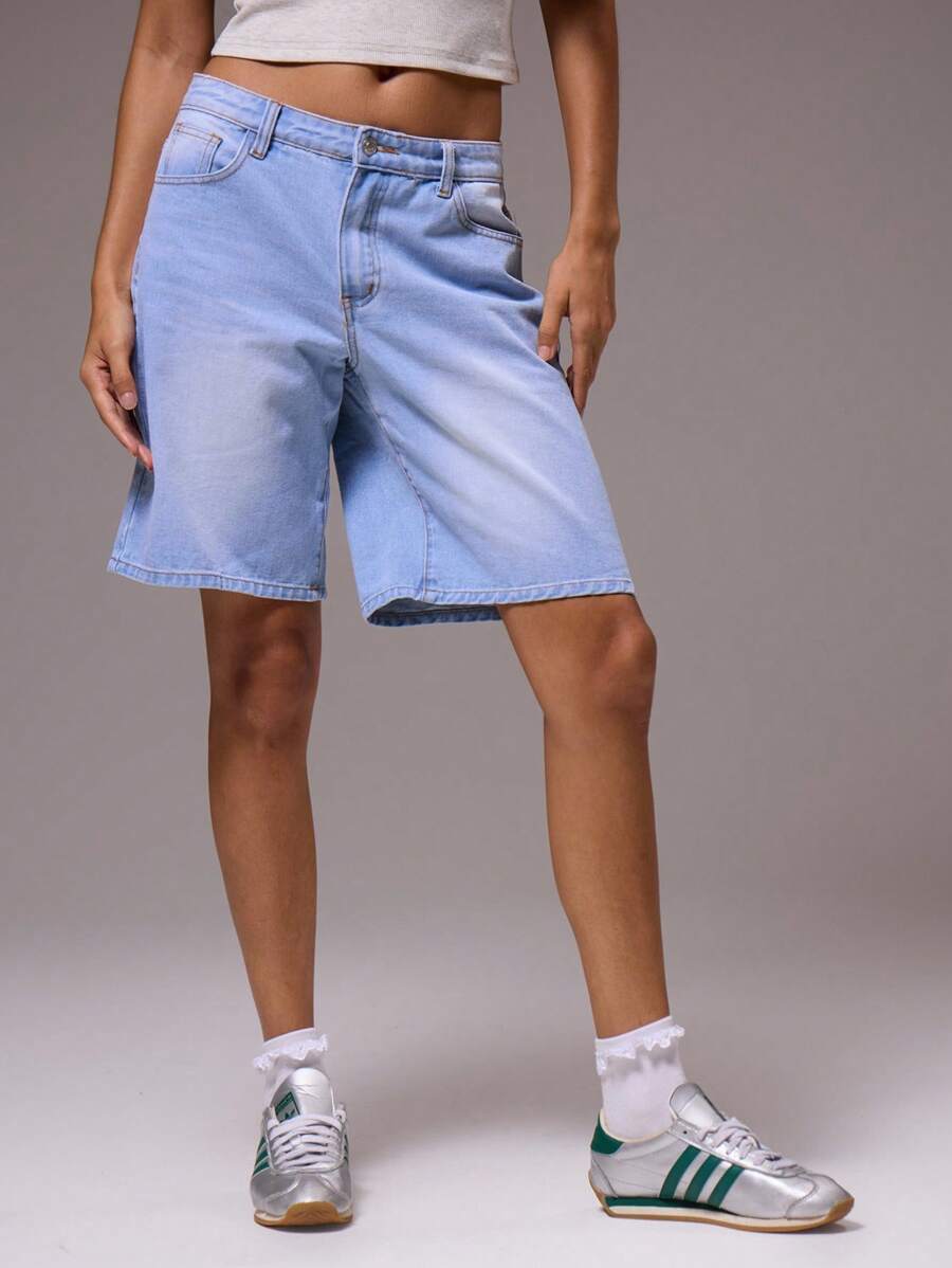 MUSERA 低腰长款牛仔短裤 夏季可爱度假风 90年代复古风 Y2K 春季 - 淺色水洗藍 - 查看 1