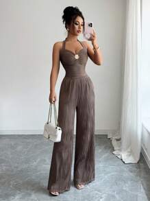 Selianne Bộ 2 món áo crop top dây mảnh họa tiết hoa phong cách Y2K mới + quần ống đứng, vừa vặn, hoàn hảo cho Ngày Độc lập và phong cách Stockholm, màu nâu - màu nâu - Xem 7