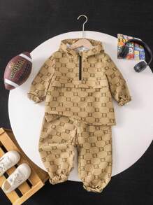 2件套年轻男童休闲舒适百搭印花连帽夹克和抽绳裤套装 - 棕色 - 查看 7