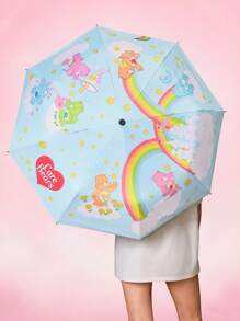SHEIN X Care Bears Ô dù hoạt hình dễ thương hình gấu cầu vồng trái tim in hình tự động đóng mở, có chức năng chống nắng, thích hợp cho đi học, đi làm, đi chơi và sử dụng hàng ngày, thích hợp cho sinh viên đại học, học sinh trung học và phụ nữ - Màu xanh nhạt - Xem 3