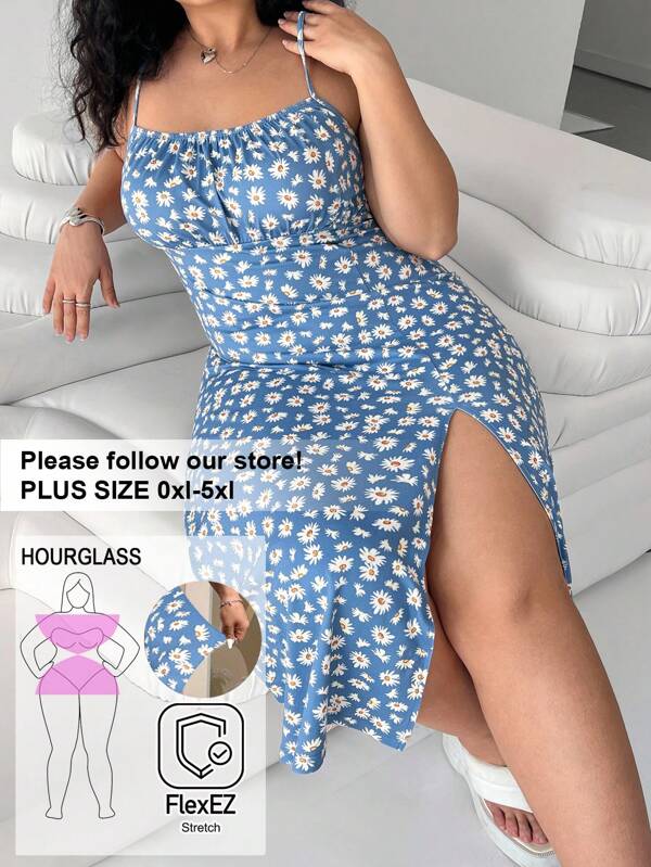 Solflare Plus Size Women, Beach Women Outfits,Boho,Spring Clothes, Holiday Party Dress Plus, Hawaiian Dress For Women, Dress For Women Casual, Spaghetti Strap All-Over Print Split Hem Casual Dress