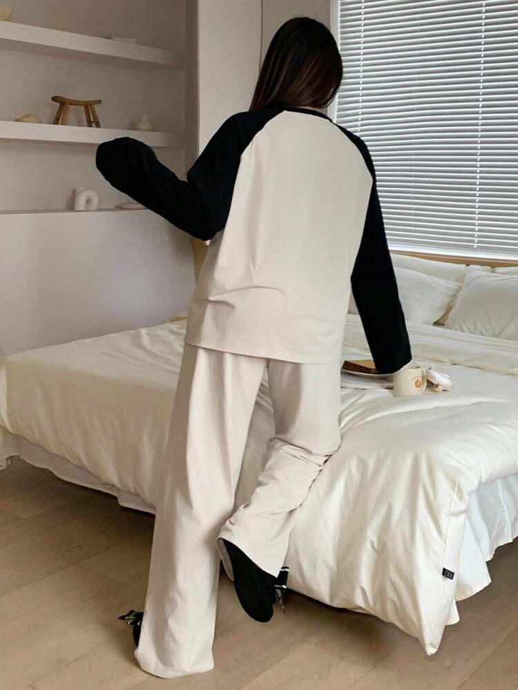 Dazy Plus 2pcs Plus Size Women Colorblock Loose Fit Long Sleeve Top & Pants Pajama Set, Homewear, Fall Winter Clothes, Cozy Outfits