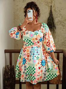 SHEIN VCAY Váy cổ trái tim in họa tiết cổ điển nhiều màu cỡ lớn cho nữ, váy viền bèo nhún hai lớp; váy ngắn in họa tiết kẻ caro hoa cổ điển cho mùa hè - Nhiều màu - Xem 3