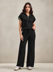 Wildy 2 Stücke/Set lässiger und bequemer amerikanischer Stil locker sitzender schwarzer Pullover für Frauen, lässiger schwarzer Strick-Damen-Lässig-Set für Herbst, Schule, Heimkehr, Lehrerin, Land-Outfits, Urlaubsmode, Ausgehmode, Arbeitskleidung, Urlaub, Zweiteiler-Set, Loungewear für Frauen, Flughafen-Outfit