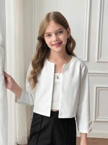 SHEIN Serisse Kids Chaqueta de punto corta de color blanco sólido con botones metálicos, de estilo informal y de diario para niña preadolescente - Blanco - Ver 5