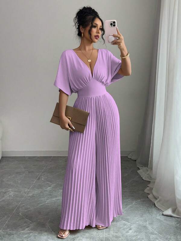Elenzga Solid Deep V-Neck Batwing Sleeve Pleated Elegant Women Jumpsuit