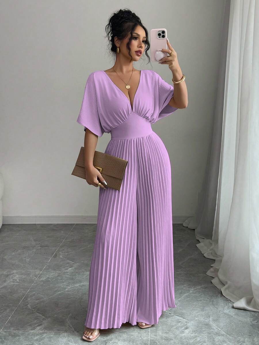 Elenzga 纯色深 V 领蝙蝠袖褶皱优雅女式连体裤 - 淡紫色 - 查看 1