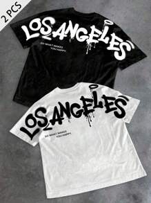 SHEIN 2 pezzi Magliette casual nere e bianche per ragazzi, stile da strada/punk/rock, adatte per primavera ed estate, feste, festival musicali, con stampa inglese a graffiti