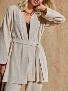 Bóhologie 女士纯色混纺亚麻外观梭织面料两件套服装 Coords 和服和裤子春夏波西米亚风 - 米色 - 查看 5