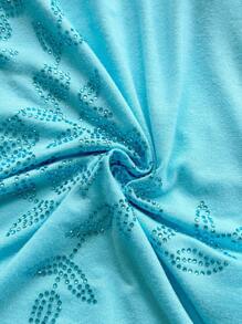 Soleia Women's Romantic Vacation Turquoise Knit Halter Hollow Floral Rhinestones Embellished Mini Dress, Suitable For Holiday Dates, Afternoon Tea, Beach, Cruise, Urban Getaway, Wedding Season, Music Festivals, Boho Vacation Halter Top Beach Top Rhinestone Top - Mint Blue - View 8
