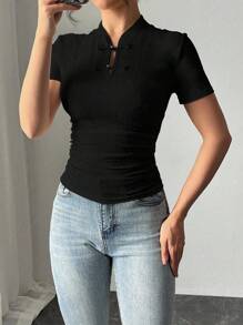 Gloray Damen Kurzarm Jacquard Stickerei Knopf-up Raffung Taille T-Shirt