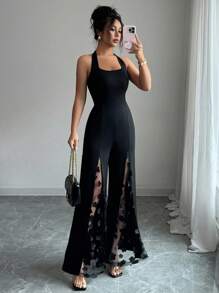 Selianne Tuta elegante da donna con fiore 3D, spalline e schiena scoperta, con spacco - nero - Visualizzare 1