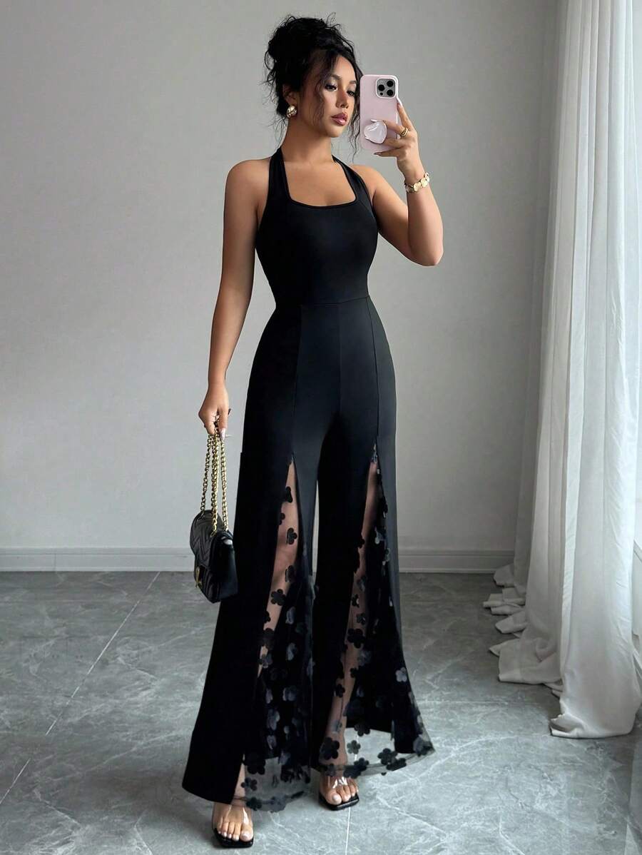 Selianne Tuta elegante da donna con fiore 3D, spalline e schiena scoperta, con spacco - nero - Visualizzare 1