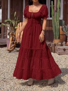 SHEIN EZwear 女士度假纯色前系带褶皱休闲连衣裙 - 酒紅色 - 查看 7