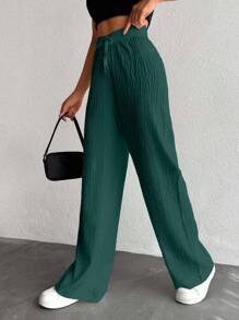 EURMUSE Petite Women's Solid Color Long Waist Drawstring Pants - Green - View 3