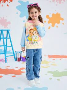 CoComelon X SHEIN Young Girl Cartoon Cute Sweet Sports Casual Style Apricot Adorable JJ, Cece And Flower Print Sweatshirt, Suitable For Autumn & Winter Fall - Apricot - View 7
