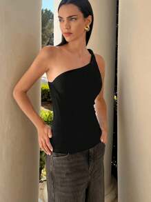 Maija 2025秋冬新款黑色不对称剪裁露肩扭绳露肩女式上衣，时尚休闲都市优雅浪漫商务休闲现代日常办公派对海滩音乐节婚礼宾客早午餐街头Y2K复古返校秋冬女装生日万圣节 - 黑色 - 查看 3