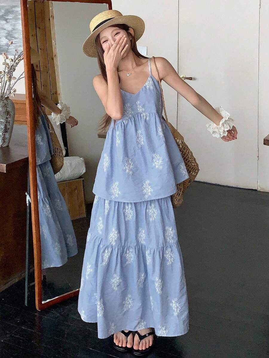 DAZY 2件套女士度假风格细肩带背心和裙子套装 - 藍色 - 查看 1