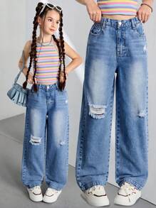 Sparklyn TWEEN GIRLS Distressed Denim Washed Blue & White Cloud Color Straight Leg Casual Jeans, School, Campus, College - Medium Wash - View 1