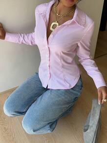 SHEIN EZwear 女士秋季新款粉色条纹系腰修身长袖衬衫 - 粉色 - 查看 4