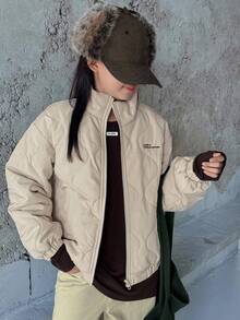 DAZY 青少年女孩格子绗缝韩版休闲街头长袖宽松棉服外套，冬季 - 米色 - 查看 7