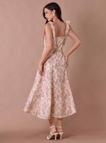 Enchnt Váy dài công chúa in họa tiết hoa cẩm tú cầu màu hồng pastel lãng mạn dành cho nữ mùa hè, cổ thắt nơ, dây đeo vai - Nhiều màu - Xem 7