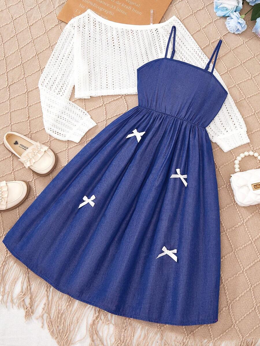 SHEIN 女式宽松针织冰丝罩衫，镂空长袖网眼披肩，百搭蝴蝶结仿牛仔吊带背心连衣裙套装，春夏秋 - 彩色 - 查看 1