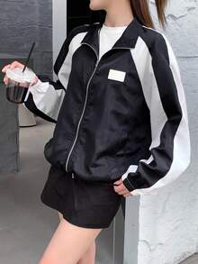SHEIN 青少年女孩黑白春季拼色插肩袖下摆拉链风衣夹克，返校季