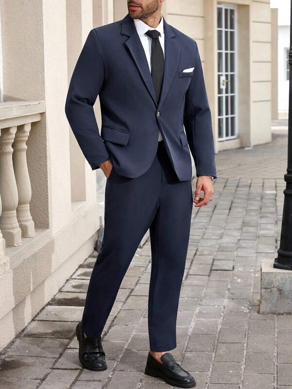 Manfinity Mode 2 Stücke Herren große Größen Lässig Langarm Blazer Jacke und Hose Set