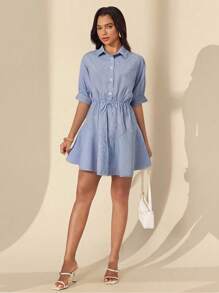 Almamuse 女士休闲条纹纹理短衬衫裙 - 藍白色 - 查看 3