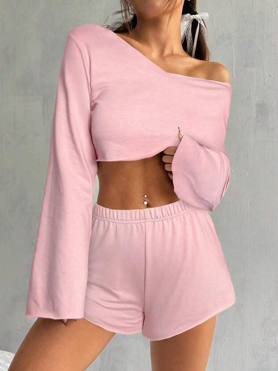 SHEIN 青少年女孩两件套 - 纯色长袖套头连帽衫和松紧腰短裤 - 粉色 - 查看 1