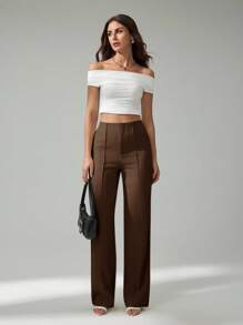 SHEIN Tall Summer Ladies Light Beige Suit Pants, Commuting And Elegant Dating - Brown - View 6