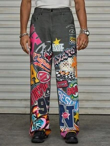 AXEPEAK 男士字母印花口袋阔腿宽松休闲裤，秋季 - 彩色 - 查看 2