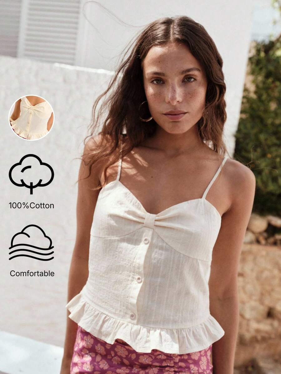 Nöista Débardeur féminin sans manches avec bretelles réglables. Présente une fermeture boutonnée à l'avant, un détail de buste froncé et un ourlet volant - parfait pour les looks d'été ou le chic décontracté.