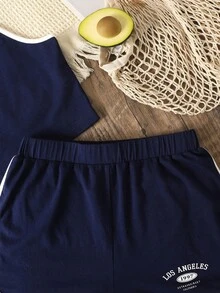 SHEIN 2件套少女撞色字母小图案休闲运动吊带背心和短裤套装 - 藏蓝色 - 查看 6